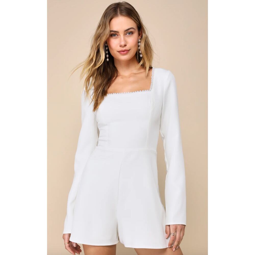 Lulus Luminous Aesthetic White Pearl Bow Long Sleeve Romper Wedding Bridal S NWT